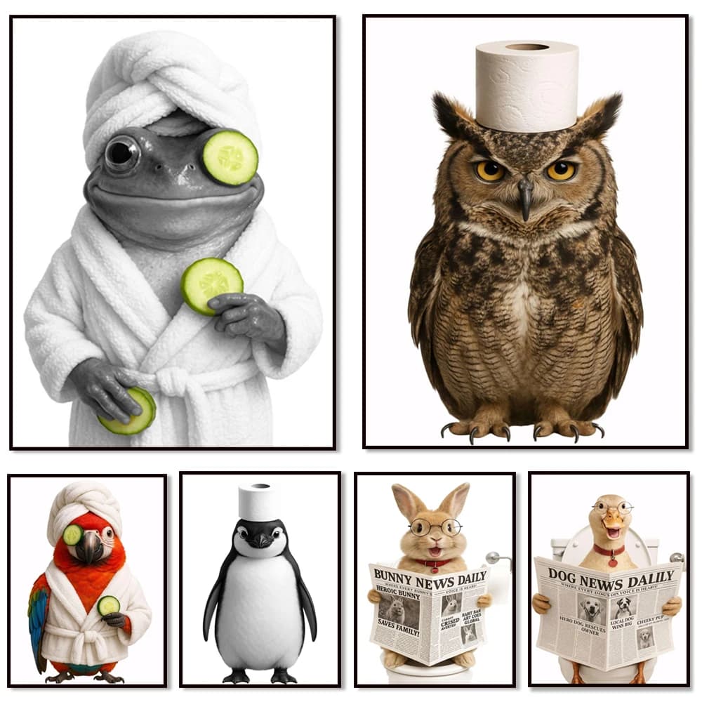 Rane, conigli, pappagalli, pinguini, anatre e gufi che indossano accappatoi; animali che leggono nella toilette; poster decorativi del bagno