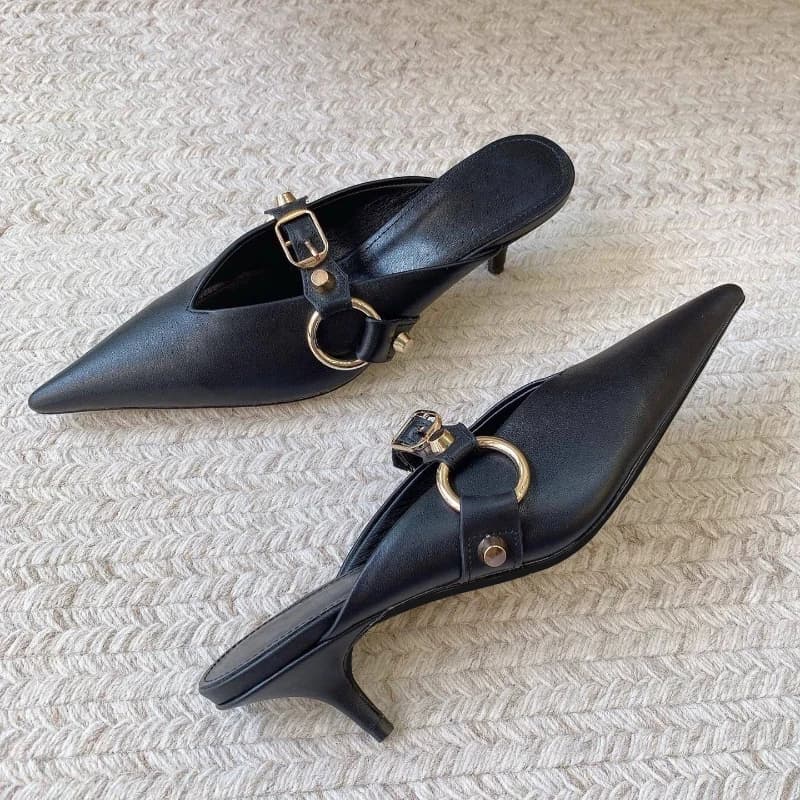 Metal Rivet Buckle Pointed Head Thin Heel Muller Shoes Women's Spring and Summer New Versatile One-pedal Bag Head Slippers