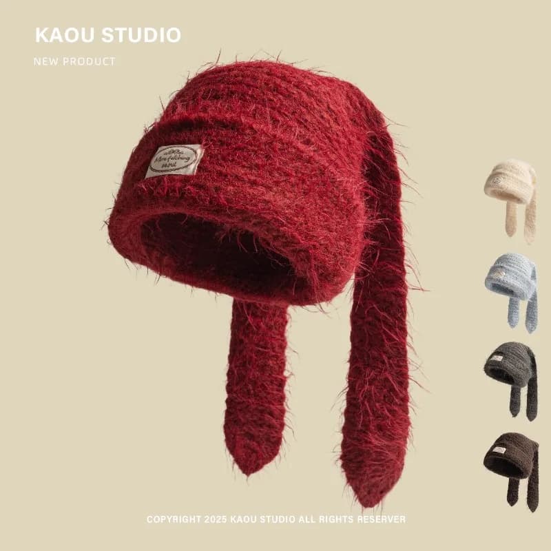 Niche Sweet and Cute Long-eared Knitted Beanies Y2K Autumn and Winter Travel To Keep Warm Personalized Versatile Women's Hats