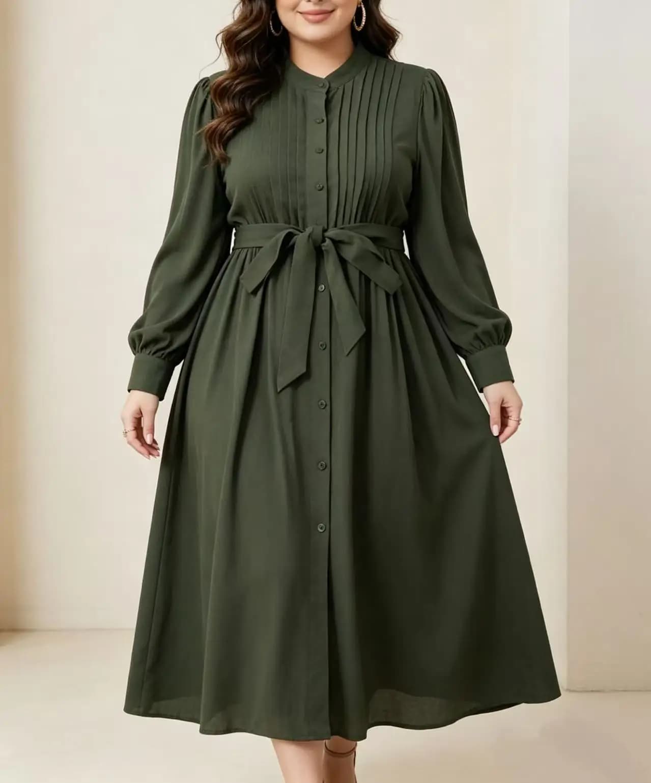 Plus size women's army green pleated waist-cinching shirt maxi dress; stand collar single-breasted belt design; plus size women