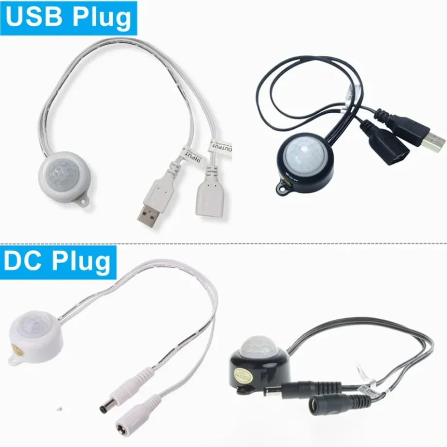DC5V 12V 24V Adjustable PIR Movement Sensor with USB/DC Plug, LED Strip Intelligent Switch, Night Lamps and Lamps