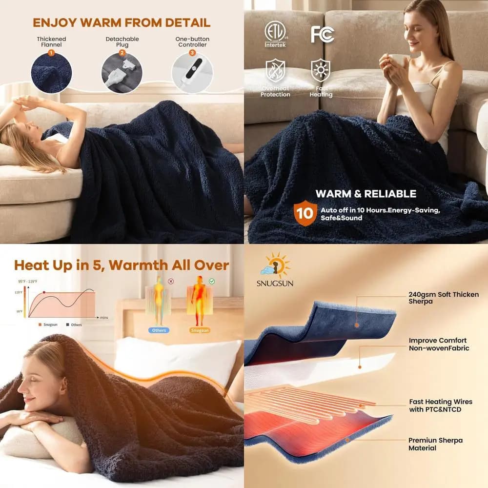 Coperta elettrica doppia Sherpa double face con 6 impostazioni di calore, sicurezza automatica, timer da 10 ore, 62x84 Navy