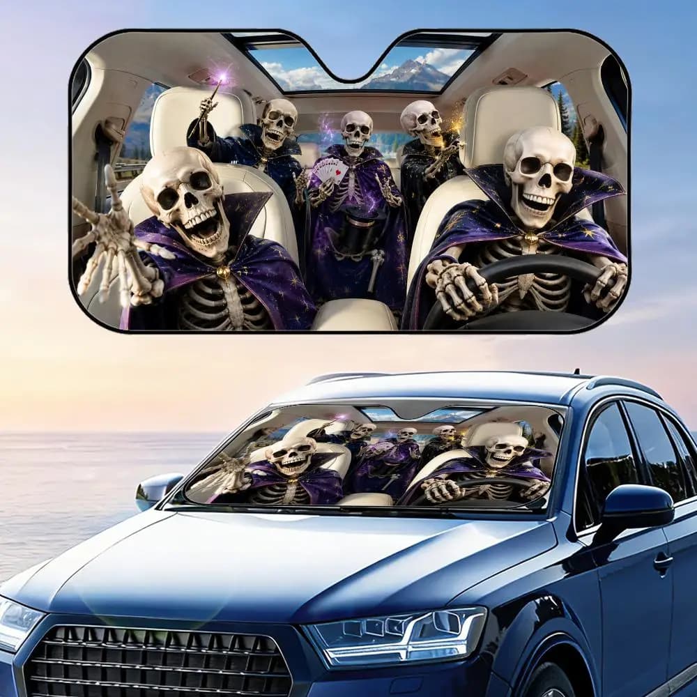 Parasole per Auto con Scheletro Divertente in Mantello da Mago, Protezione UV, Riflettente, Pieghevole, Isolante Termico