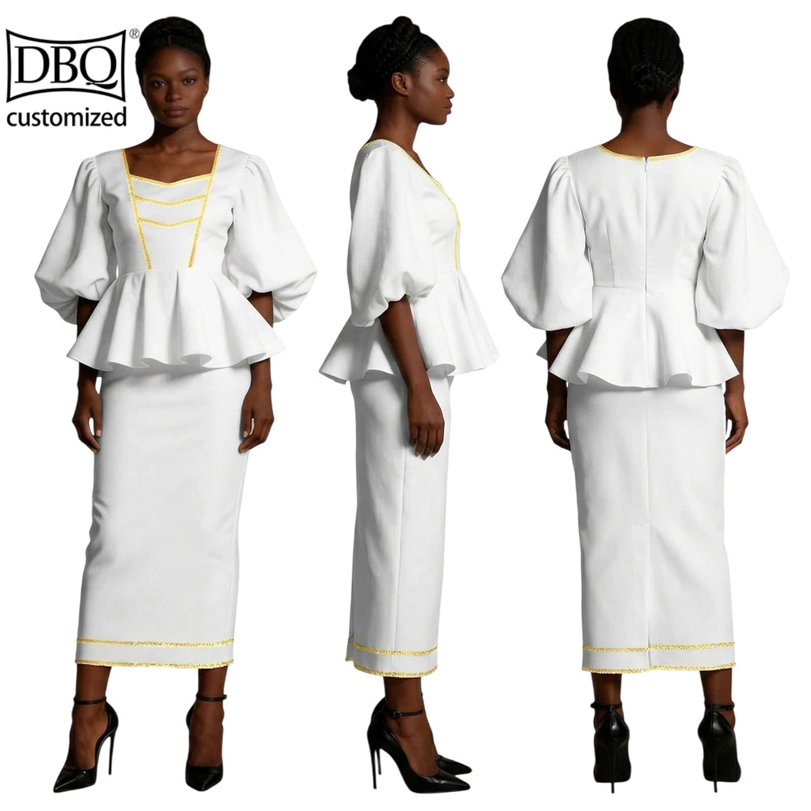 DBQ African Women Clothing Tailor Made O Puff Sleeves Top + Ankle Length Pencil Skirt Summer Casual Set for Women BD2099