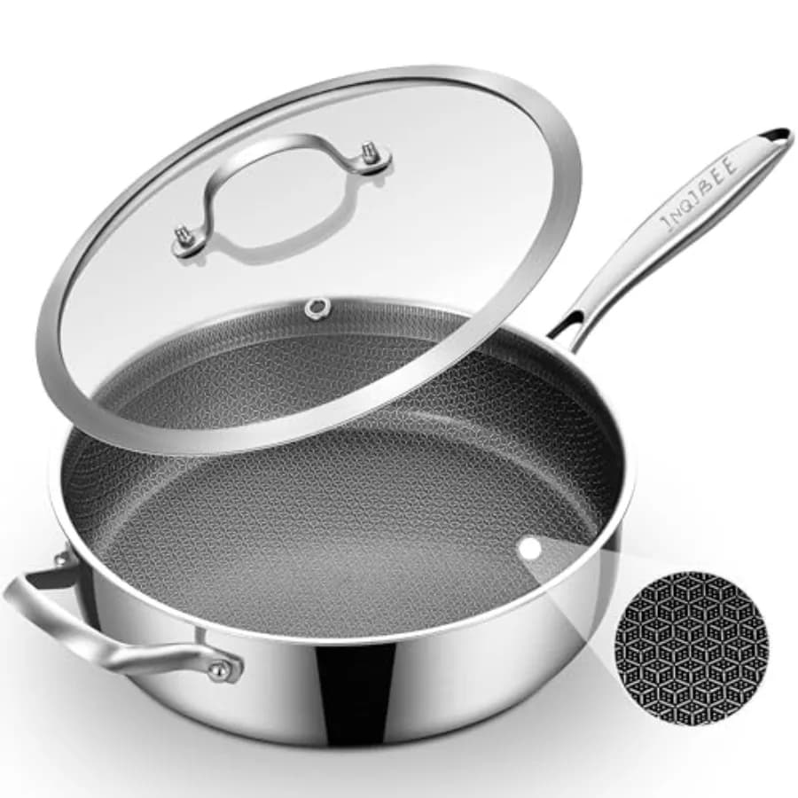 Padella Ibrida Antiaderente da 5 QT con Coperchio, Manico Lungo, in Acciaio Inox Tri-Ply, Padella Profonda da 12 Pollici, Senza PFOA e PFOS