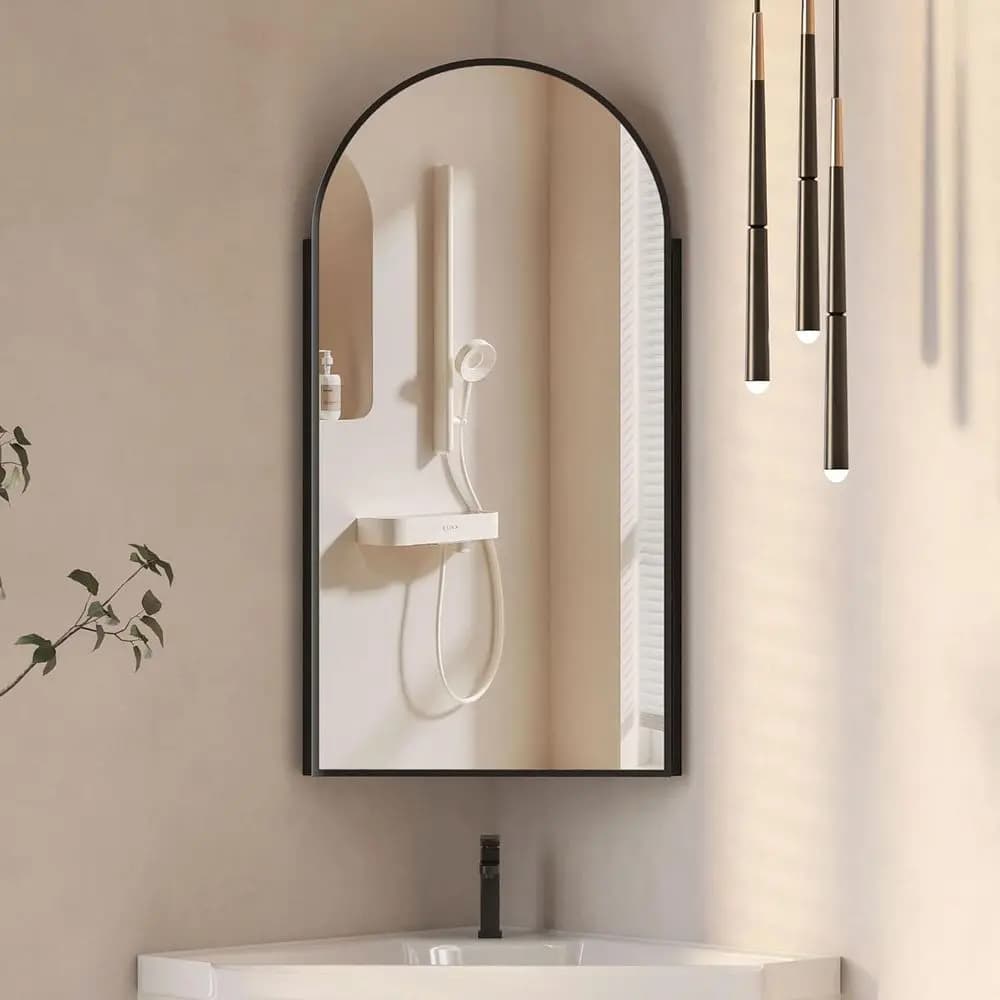 16x31 Inch Wall-Mounted Black Medicine Cabinet with Arched Mirror for Small Bathroom Spaces