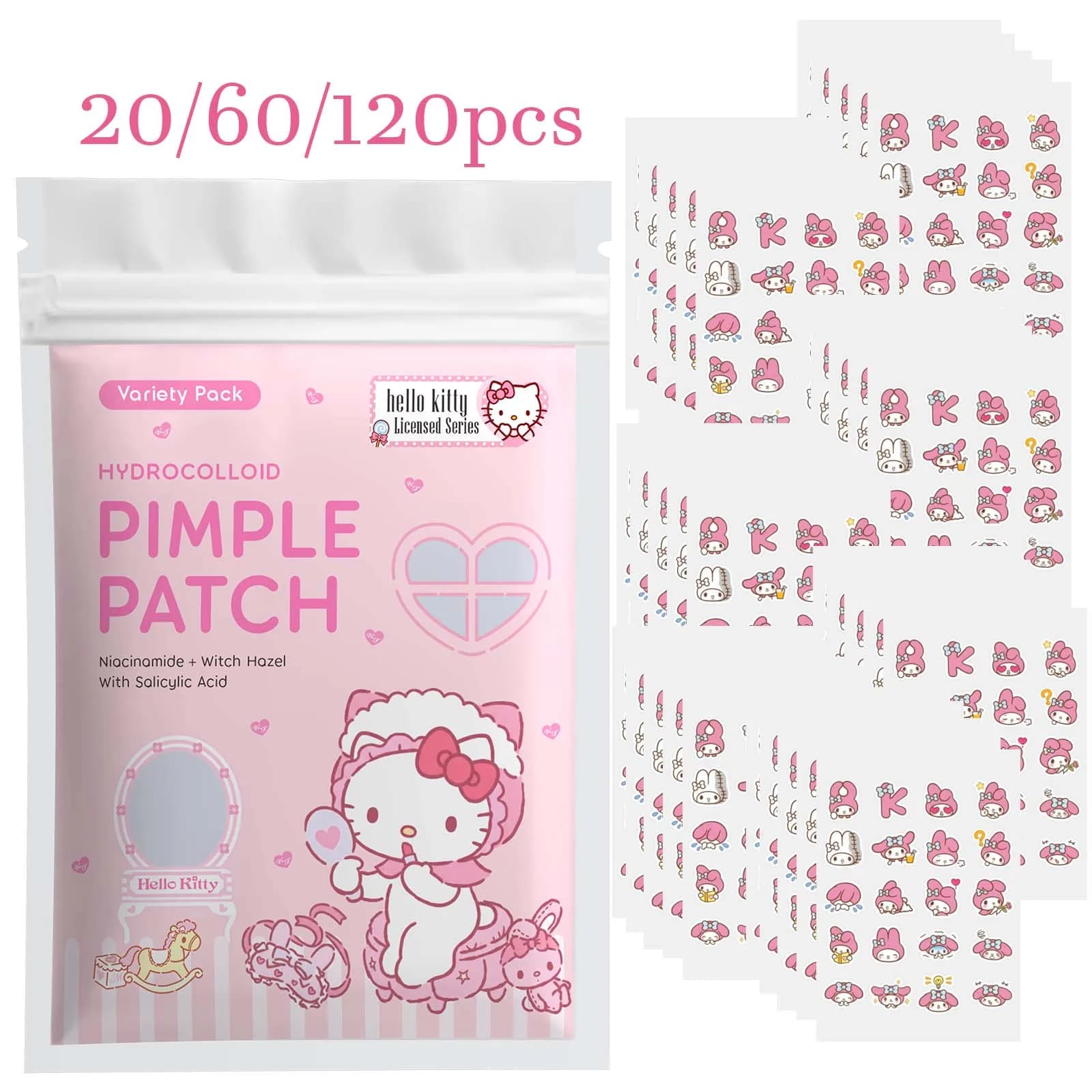 20/60/120PCS Hello Kitty Hydrocolloid Acne Patches with Salicylic Acid Centella Invisible Blemish Cover