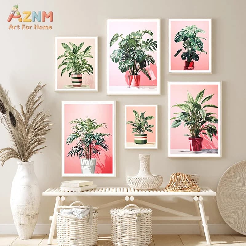 AZNM Pink Background Tropical Green Plant Canvas Wall Art Monstera Palm Potted Leaves Print Unframed Canvas Painting for Bedroom