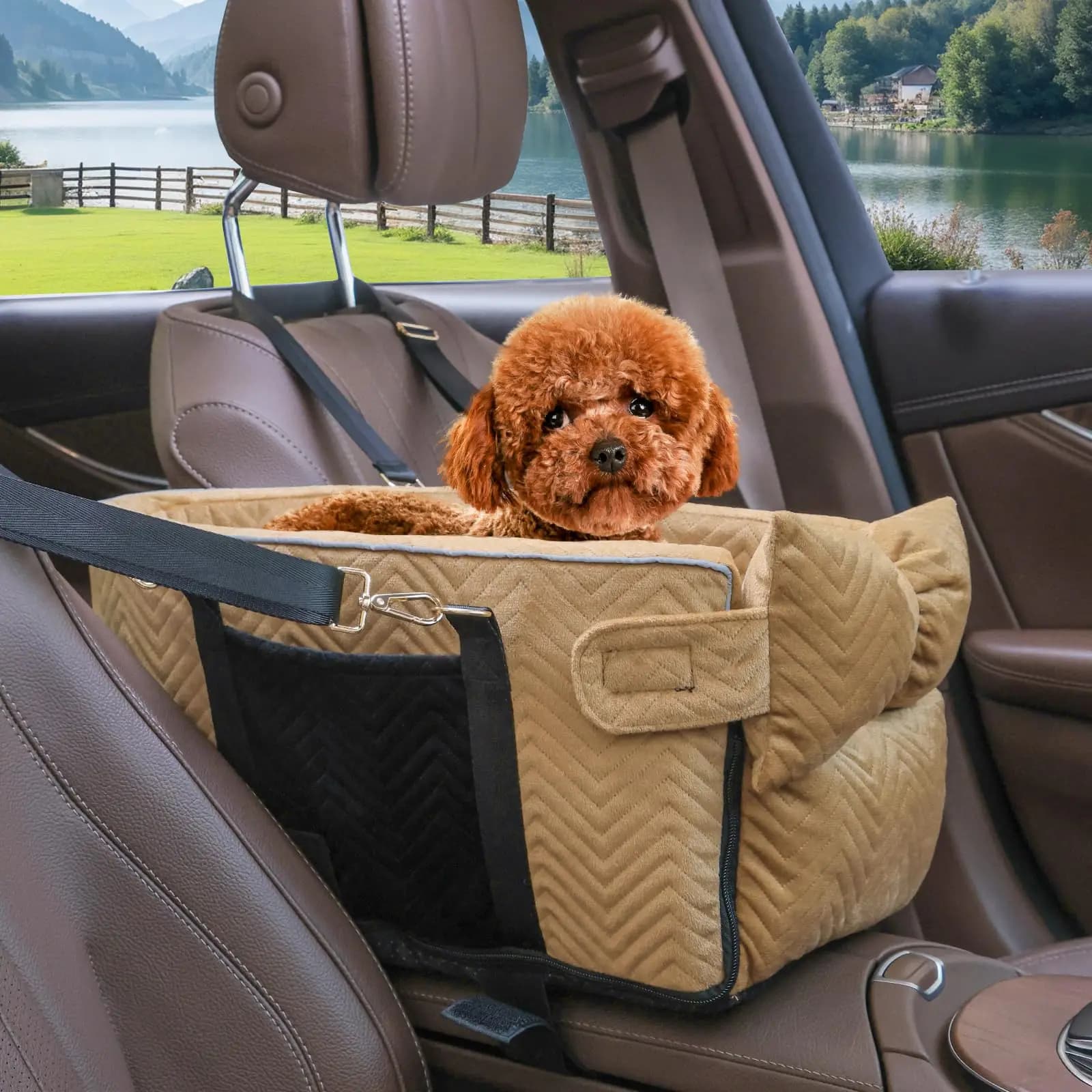 Quilted Car Pet Booster Seat With Safety Harness And Plush Padding For Small Dogs Cats Up To 15 Lbs