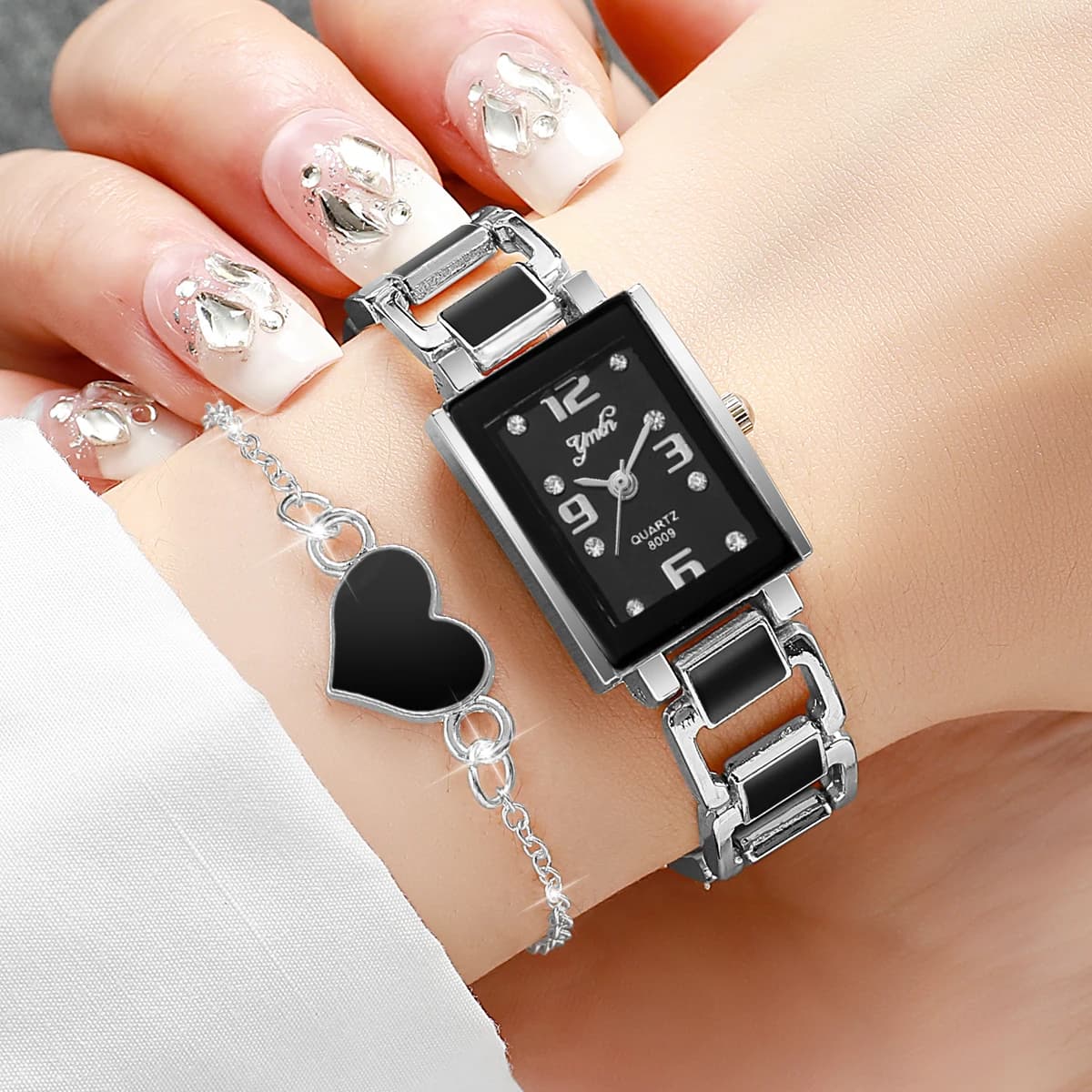 Set di 2 Orologi da Donna alla Moda con Quadrante Quadrato, Orologio al Quarzo con Bracciale a Cuore, Regalo per Ragazze (Senza Scatola)