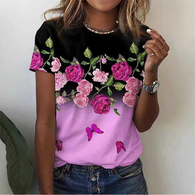 Nuova maglietta da donna con stampa floreale 3D - Manica corta estiva