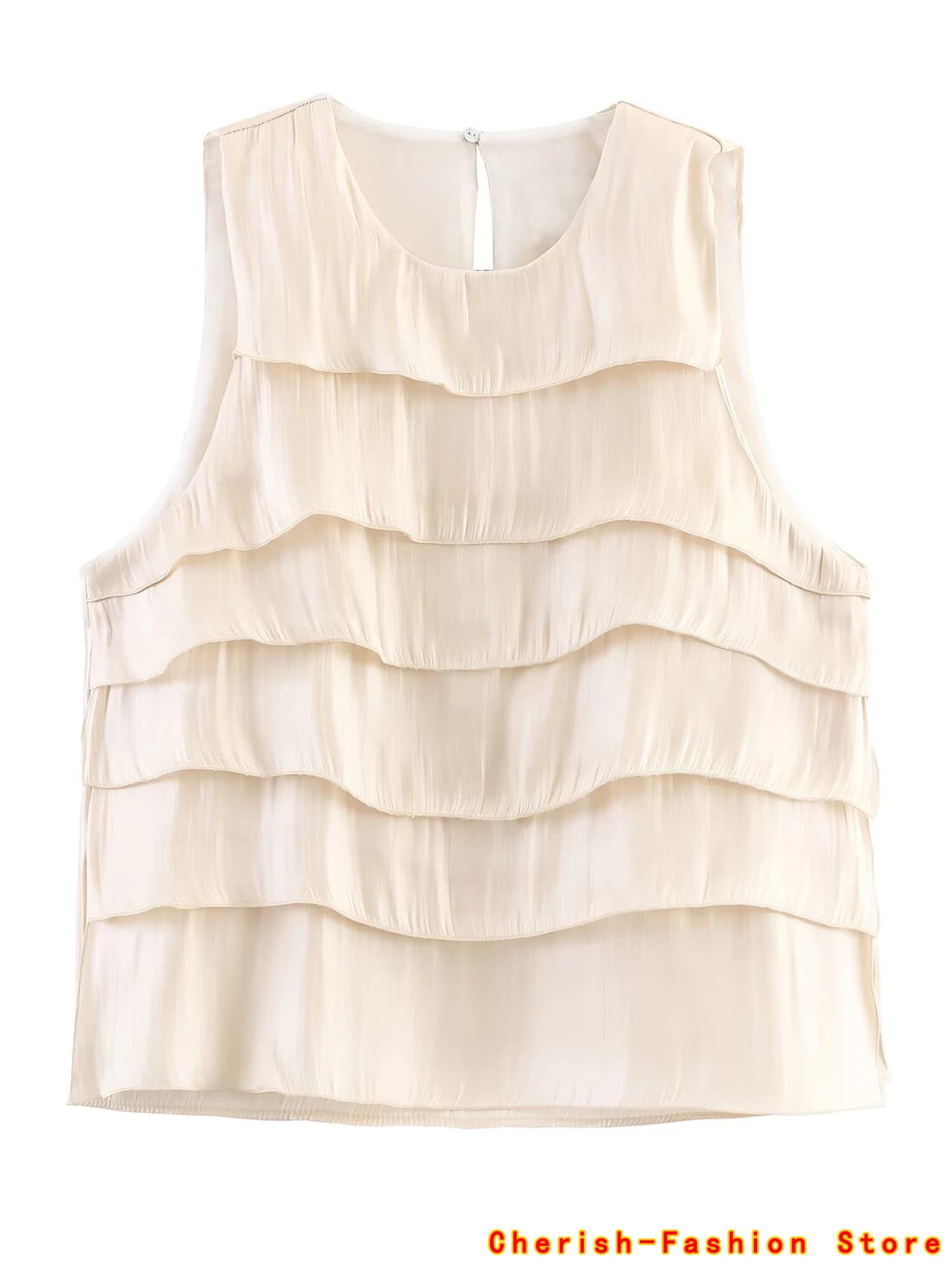 Canotte estive con volant a strati beige moda donna Canotte vintage o-collo femminile chic top sottile camicia solida camicetta senza maniche con volant