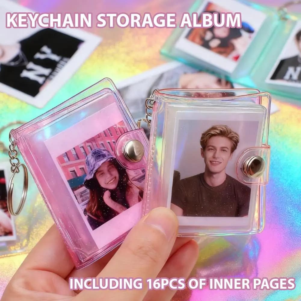 Mini Album PVC Keychain from 16 Pages, Card Holder and Photo from 1/2 Inch, Portable Pendant Case