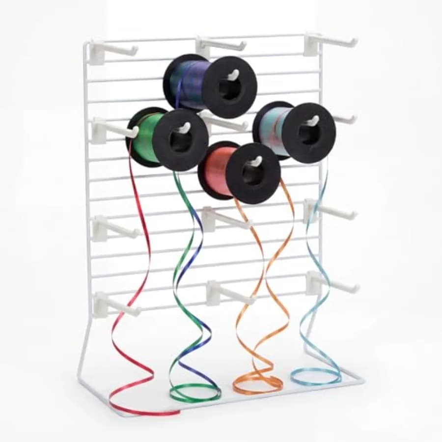 Fiwochic Ribbon Holder Organizer Rack with 12 Hooks Metal Ribbon Scissors Holder Spool Dispenser Display Sewing Thread Washi Ta
