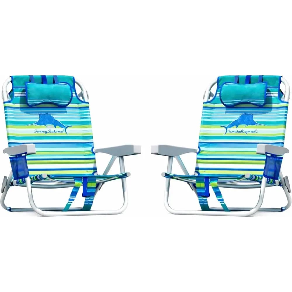 Set di 2 Sedie da Spiaggia Aqua Stripe con Tasca Isolante, Portabicchieri e Portatelefono, Porta Asciugamani, Cuscino e Supporto Resistente