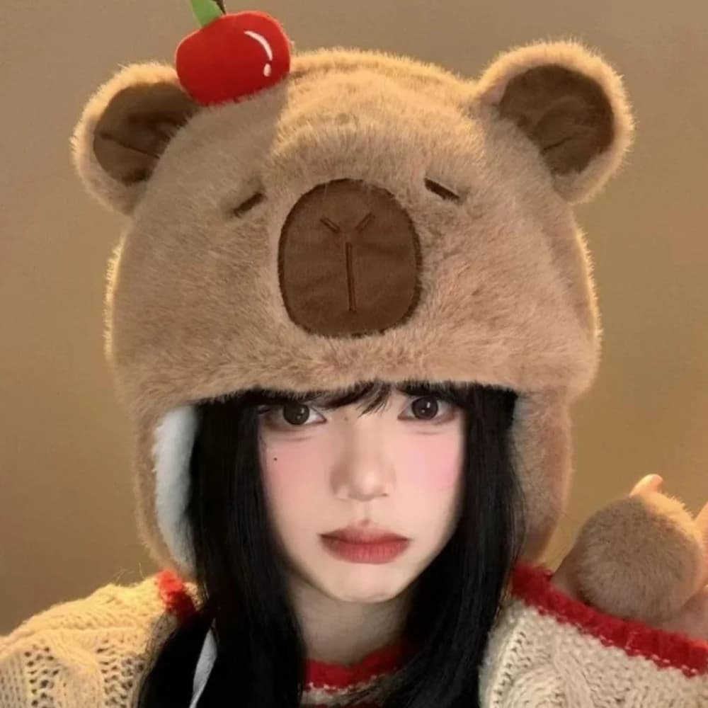 Cappello di peluche Capybara Cappuccio per le orecchie carino Cappello pullover di cartone animato Autunno Berretto di Ley Feng per il regalo di Natale Ciclismo Moda invernale