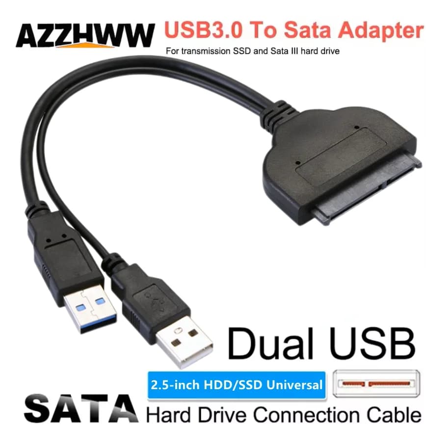 Adattatore doppio da USB a SATA Cavo SATA a USB 3.0 Supporto disco rigido SSD HDD esterno da 2,5 pollici Cavo SATA da 7 + 15 pin Fino a 5 Gbps