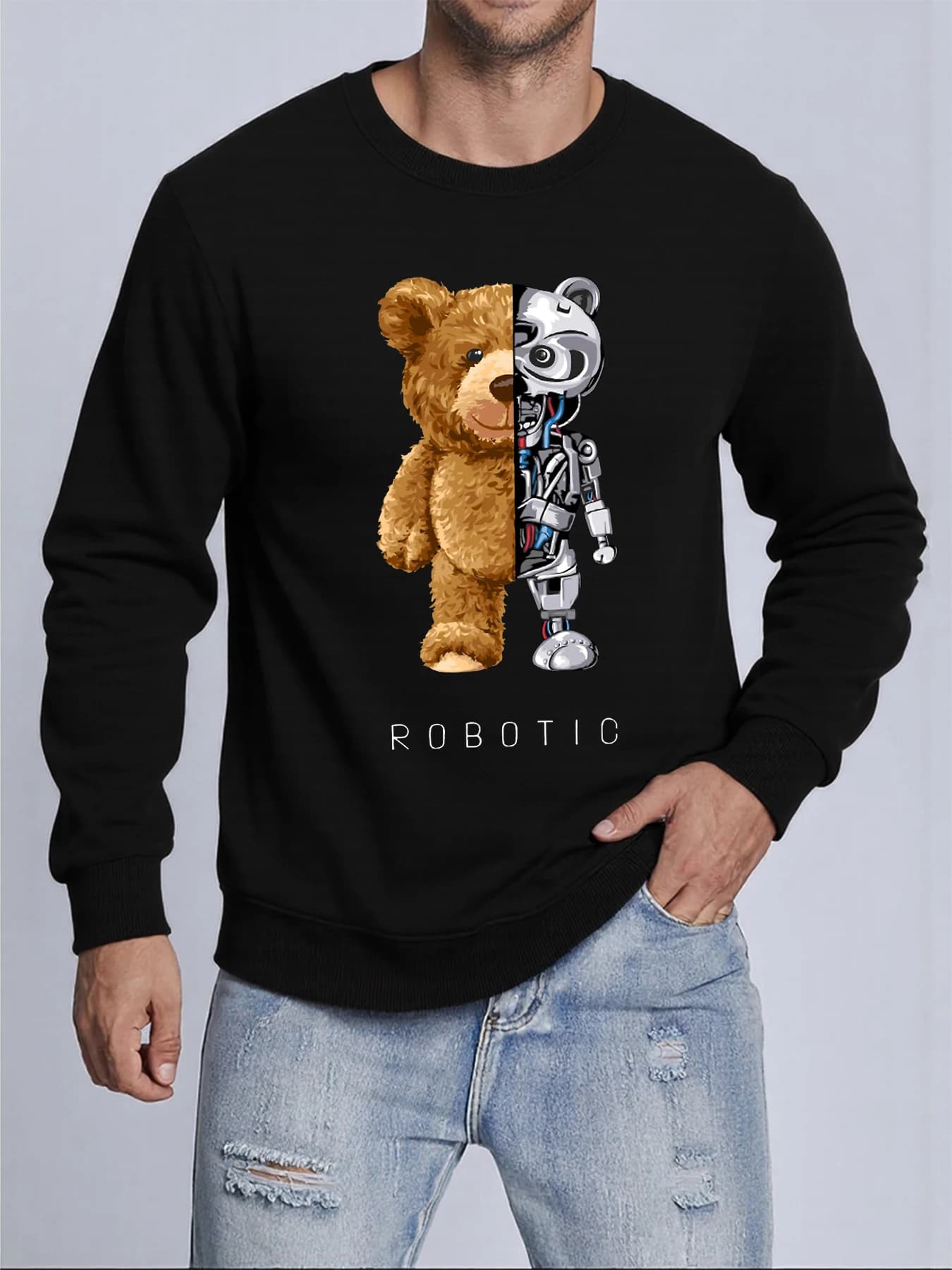 Plush And Robotic Bear Printed Mens Pullovers Autumn Casual Sweatshirt Comfortable Y2K Sportswears Hot Sale Casual Sweatshirts