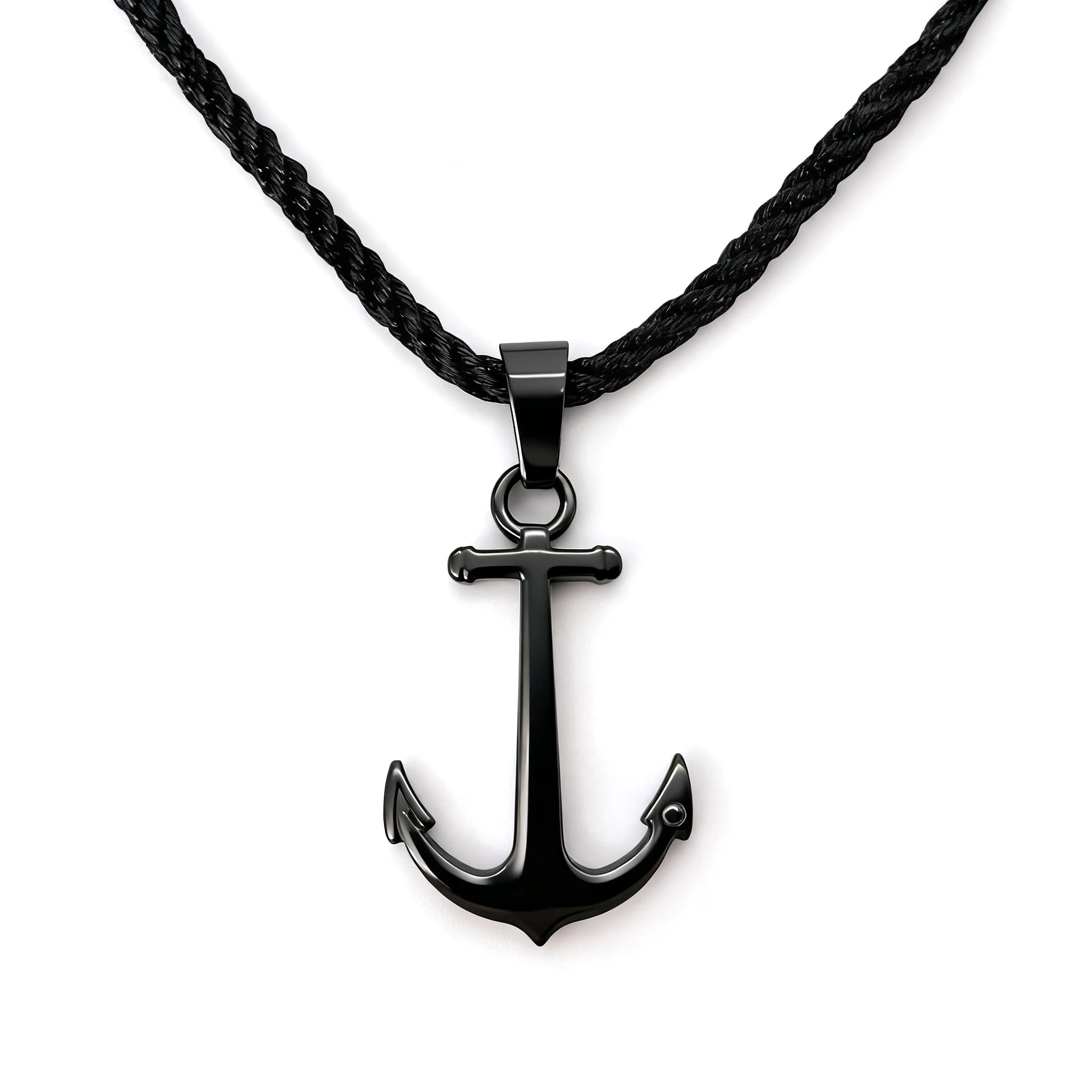 Runda Men's Black Nautical Anchor Pendant Necklace Adjustable Stainless Steel with Nylon Rope 50cm Fashion Accessory