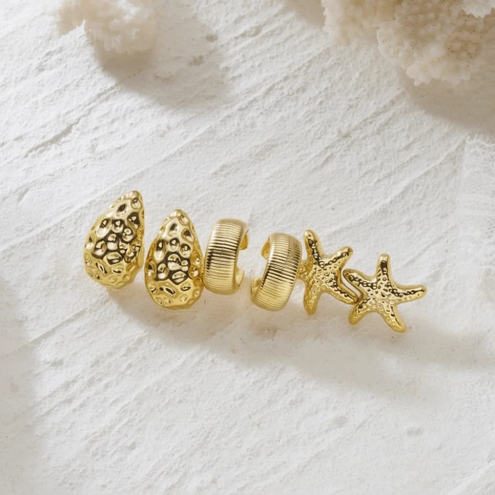 Fashion Golden Starfish Earrings Textured Water Drop C-Shape Earrings Set Bohemian Exaggerated Seashell Dangle Earrings Party