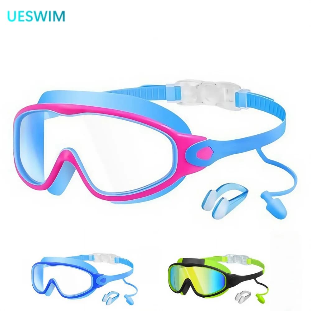 Children's swimwear with large frame with nose claws and ear plugs UV protection anti-fog clear vision for boys and girls (3-15 years)