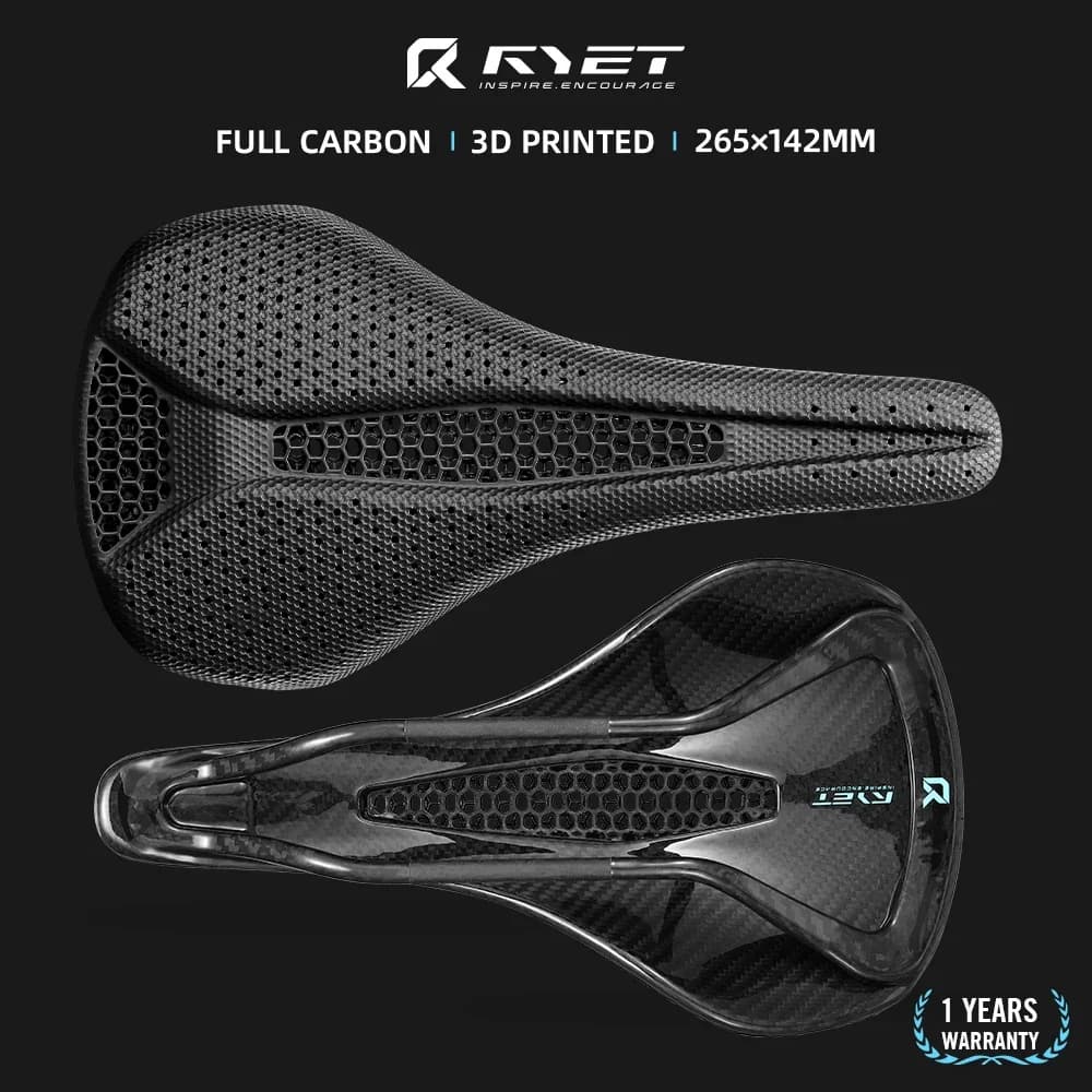 2025 RYET Sella per bici stampata in 3D completamente in carbonio 265mm * 142 Sedile per bicicletta MTB Strada di ghiaia Ampio sedile 7*9mm Parti del cuscino per ciclismo