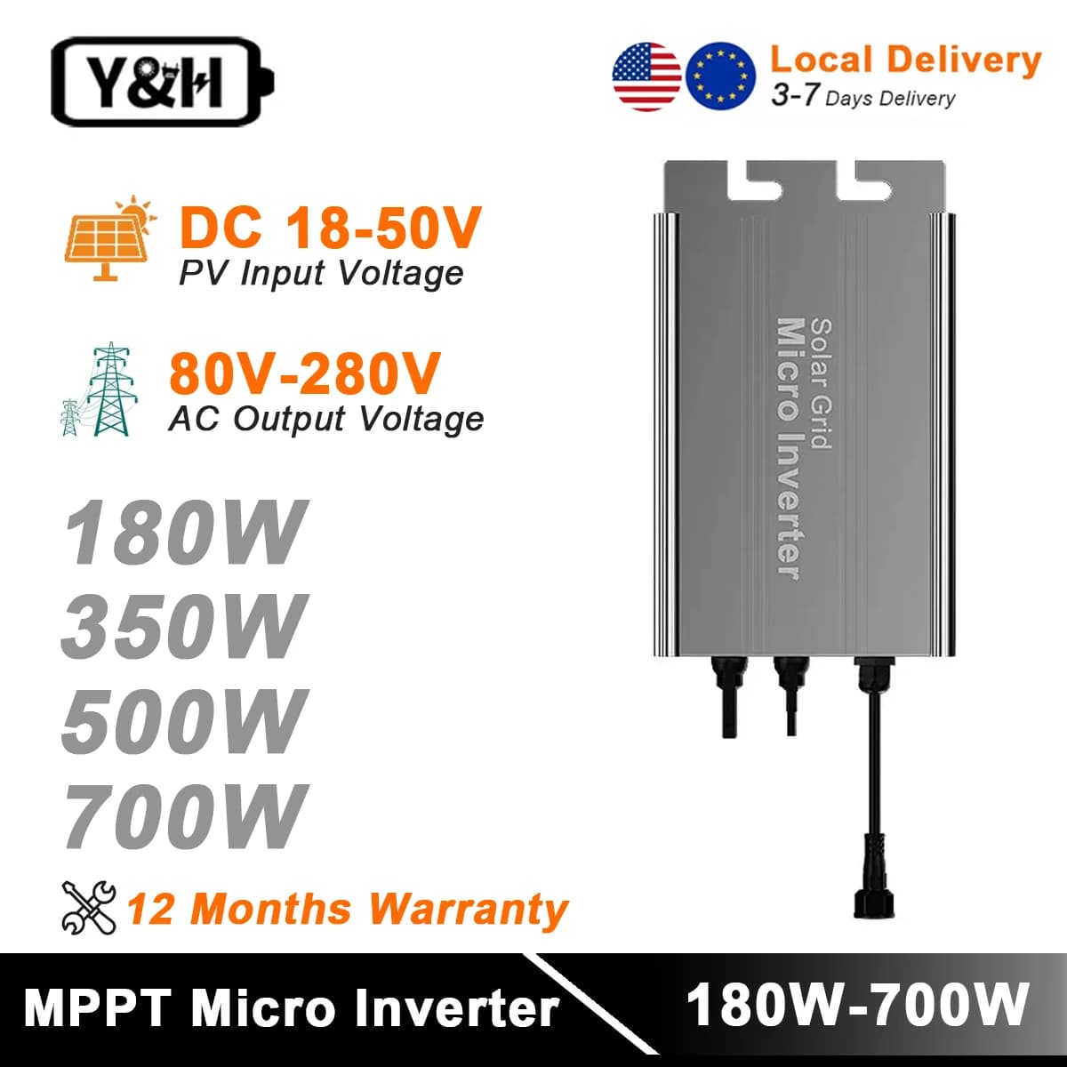 Y & H 180W 350W 500W 700W MPPT Solar Grid Micro Inverter DC 18V-50V a AC uscita 120V/230V fotovoltaico Smart Micro Inverter