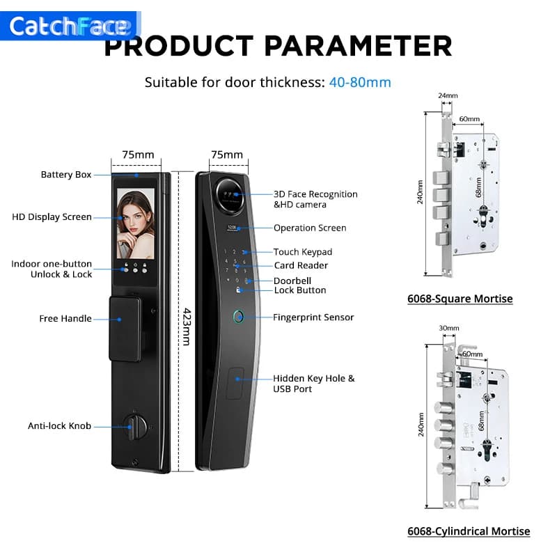 Serratura Automatica con Riconoscimento Facciale TUYA, Serratura Intelligente con Impronta Digitale per Porta d'Ingresso, Fotocamera con Schermo Interno Visibile