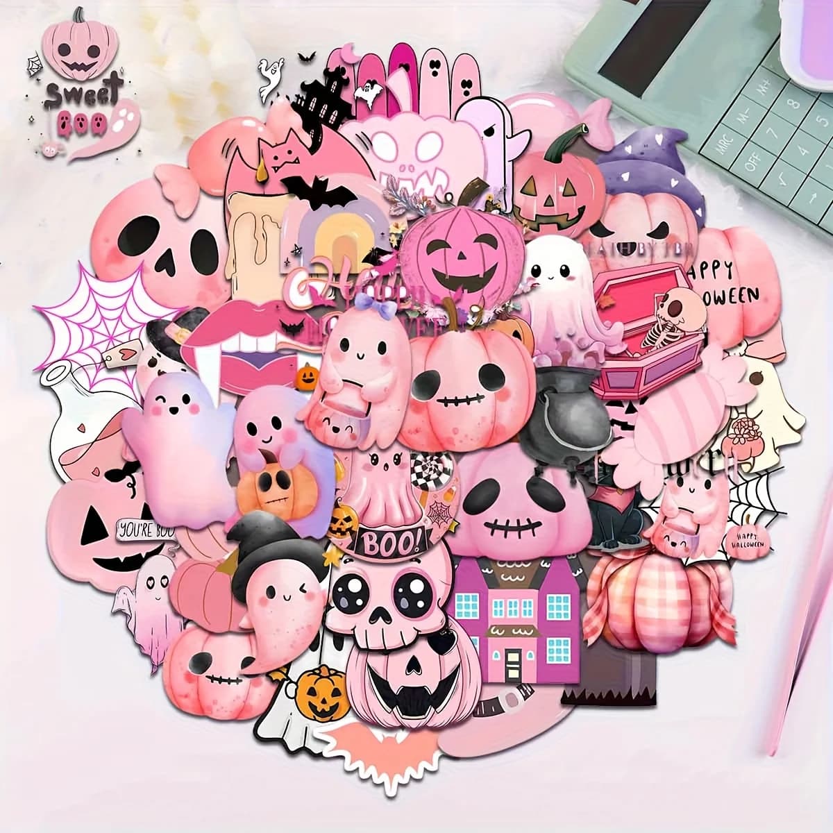 50Pc Halloween Sticker Pack Pink Ghost Pumpkin Vinyl Decals Waterproof Stickers Laptop Water Bottle Scrapbook DIY Decor Supplies