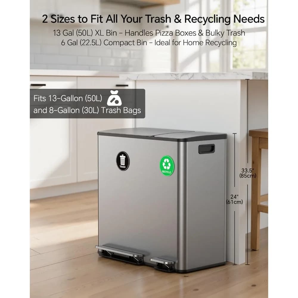 US Shipping Hot New Dual Kitchen Trash and Recycling Bins 13+6 Gallon Stainless Steel Garbage Recycle Can Combo for Large
