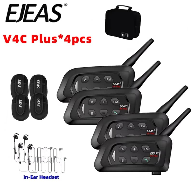 EJEAS 4PCS V4C PLUS Intercom for Football Arbitration In-ear 1500M Full Duplex Bluetooth 5.1 Intercom for Waterproof Conferences