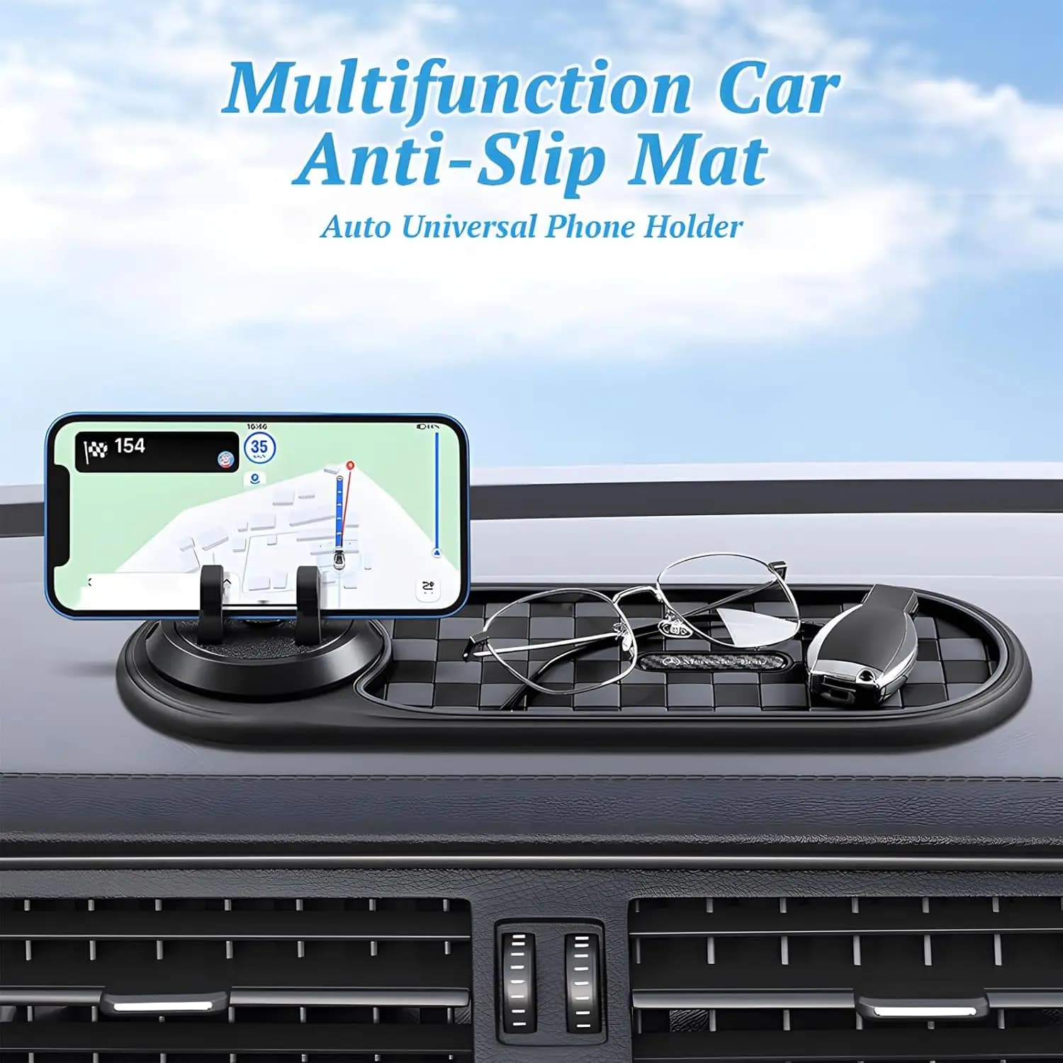 niversal Car Dashboard Mat Non-Slip Thickened Widened Silicone Pad with 360° Rotating Phone Holder Anti-Shock Tray Organizer