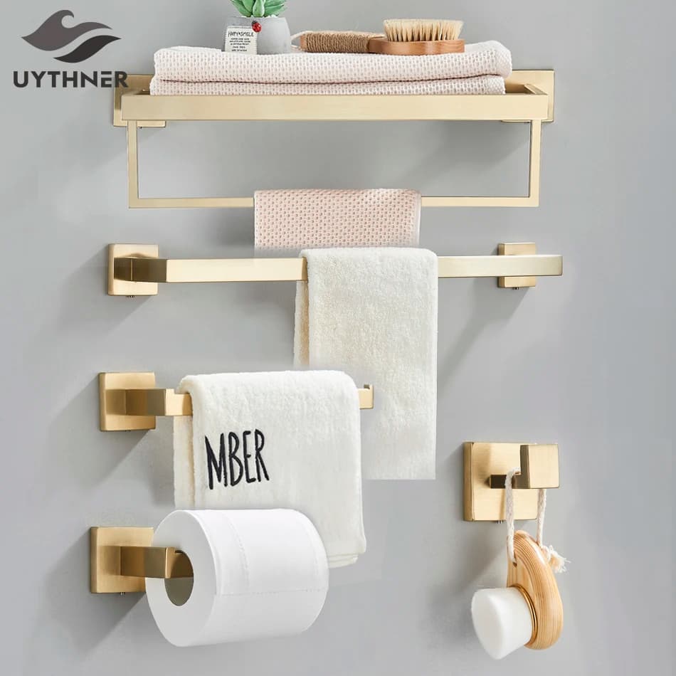 Set di accessori per il bagno in oro spazzolato, portasciugamani, accappatoio, gancio, barra, mensola, porta carta velina, accessori per il bagno