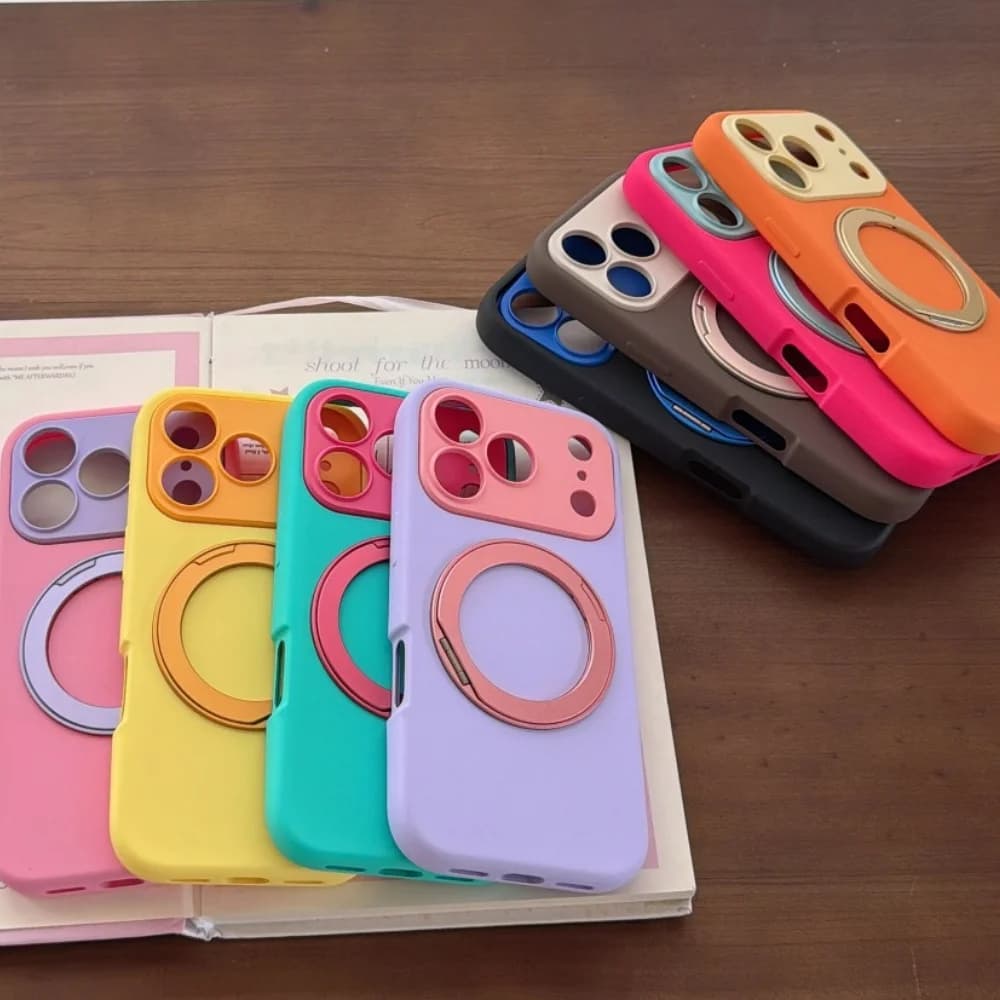 INS Magnetic 360° Rotating Bracket Phone Case For iPhone 17 16 15 Pro Max 17 16 Pro 15 Solid Color For Magsafe Holder Cover