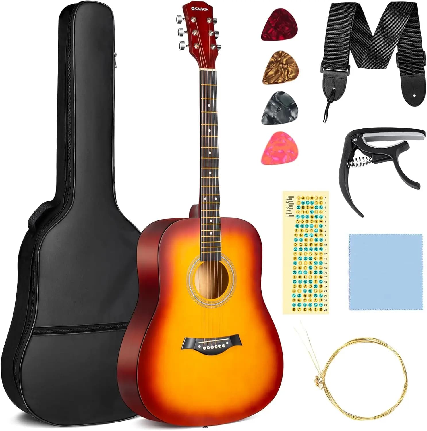 Chitarra Acustica Full Size da 41 Pollici per Principianti Adulti e Bambini con Kit Borsa Plettri Capotasto Tracolla Panno