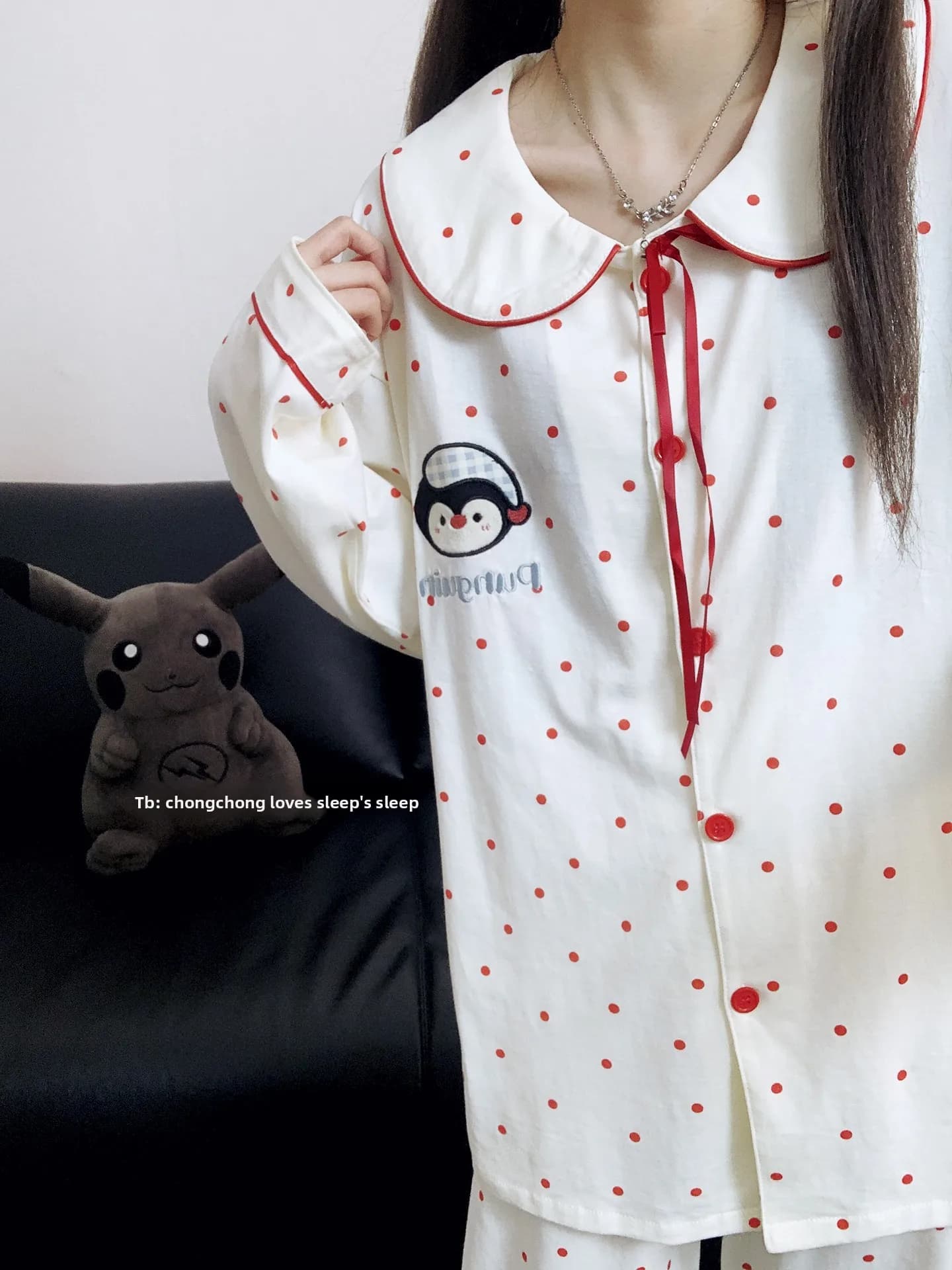Cute Polka Dot Penguin Pure Cotton Pajamas Long Sleeve Long Pants Sweet Home Clothes Set for Women Spring Autumn New Style