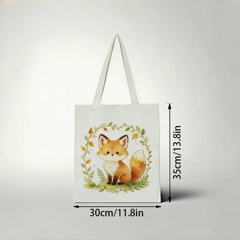 Borsa tote in tela con motivo volpe e ghirlanda ad acquerello, simpatica volpe pelosa avvolta da una ghirlanda di foglie verdi, borsa a tracolla casual ecologica