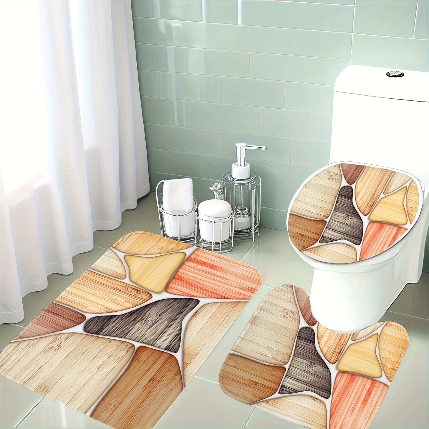 Set di 3 tappetini da bagno con venature del legno, decorativi, in flanella morbida, antiscivolo, tappetino a forma di U per il coperchio del WC, texture naturale, idea regalo per il bagno