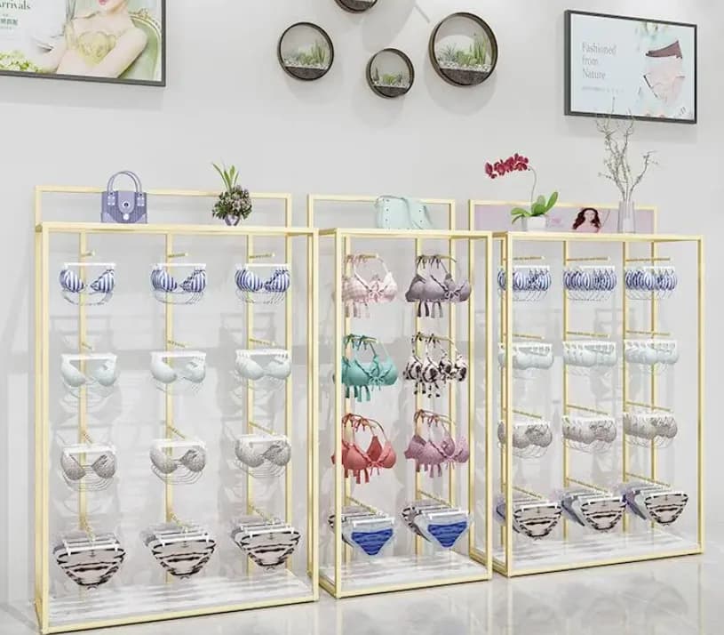 Display rack for underwear, floor display with double row Nakajima, removable multifunction shelf for bra and slip