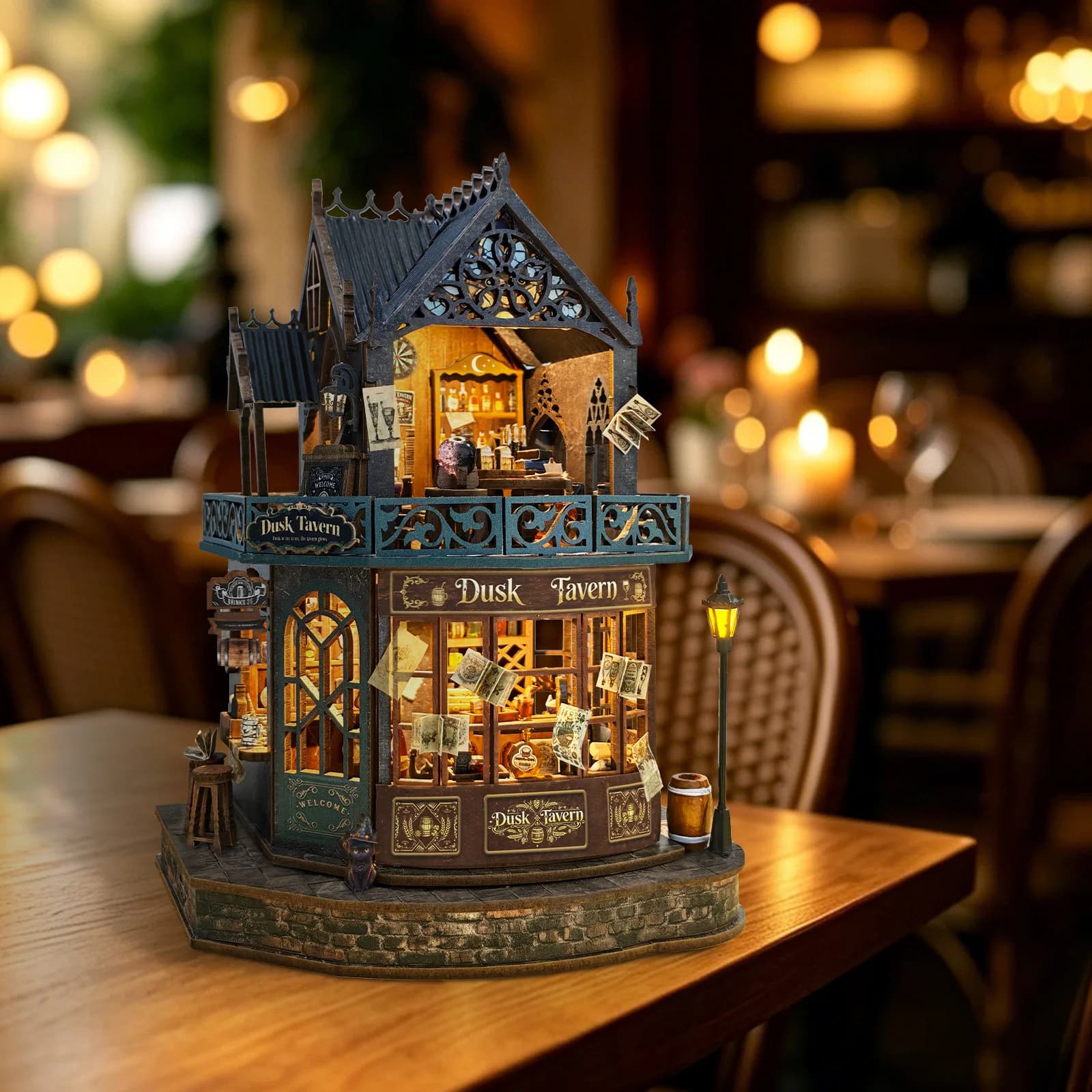 DIY 3D Wooden Vintage Twilight Tavern Cottage Jigsaw Puzzles Miniature Model Kits Mini Casa for Friends Birthday Gifts