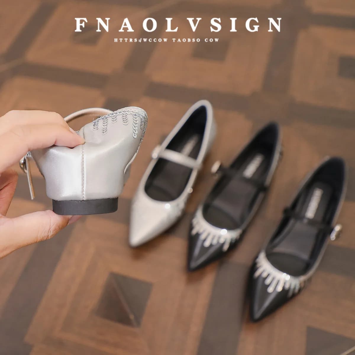 Scarpe da donna stile Mary Jane a punta affilata con decorazione di paillettes Mocassini con tacco medio Scarpe basse da esterno con bocca superficiale Alla moda