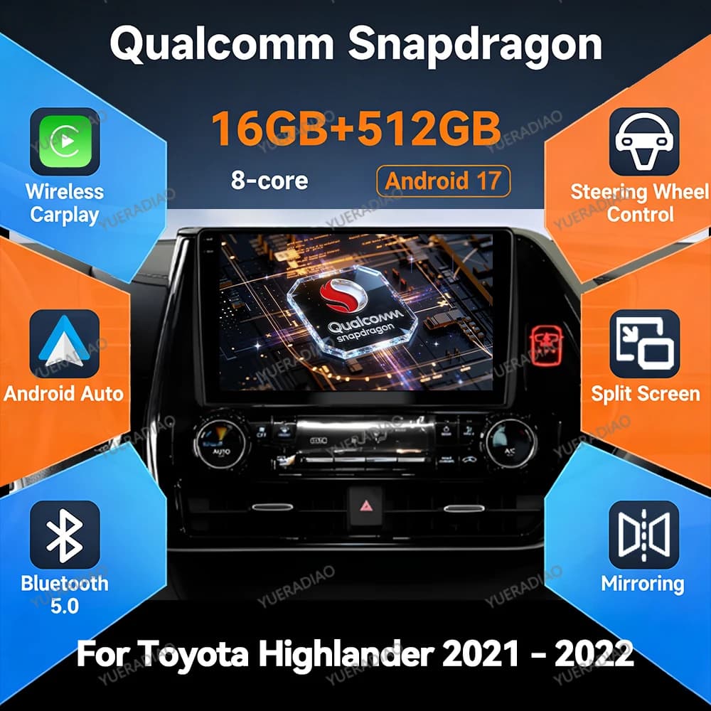 Android 17 Car Radio For Toyota Highlander 2021 - 2022 Carplay Automotive Qualcomm GPS NAVI 4G WIFI Touch Screen Double Din FM