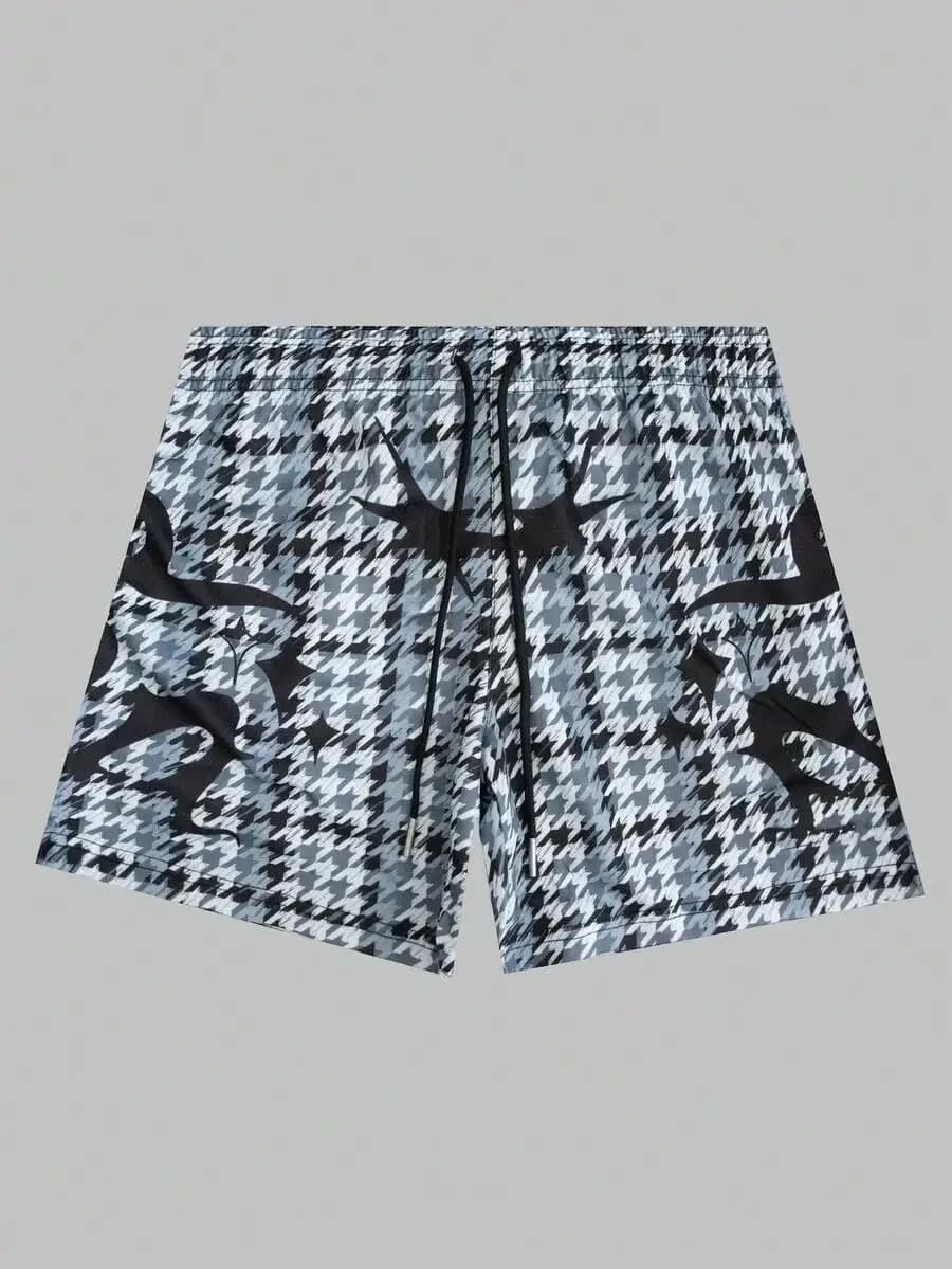 Mens Houndstooth Print Drawstring Shorts Casual Daily Wear