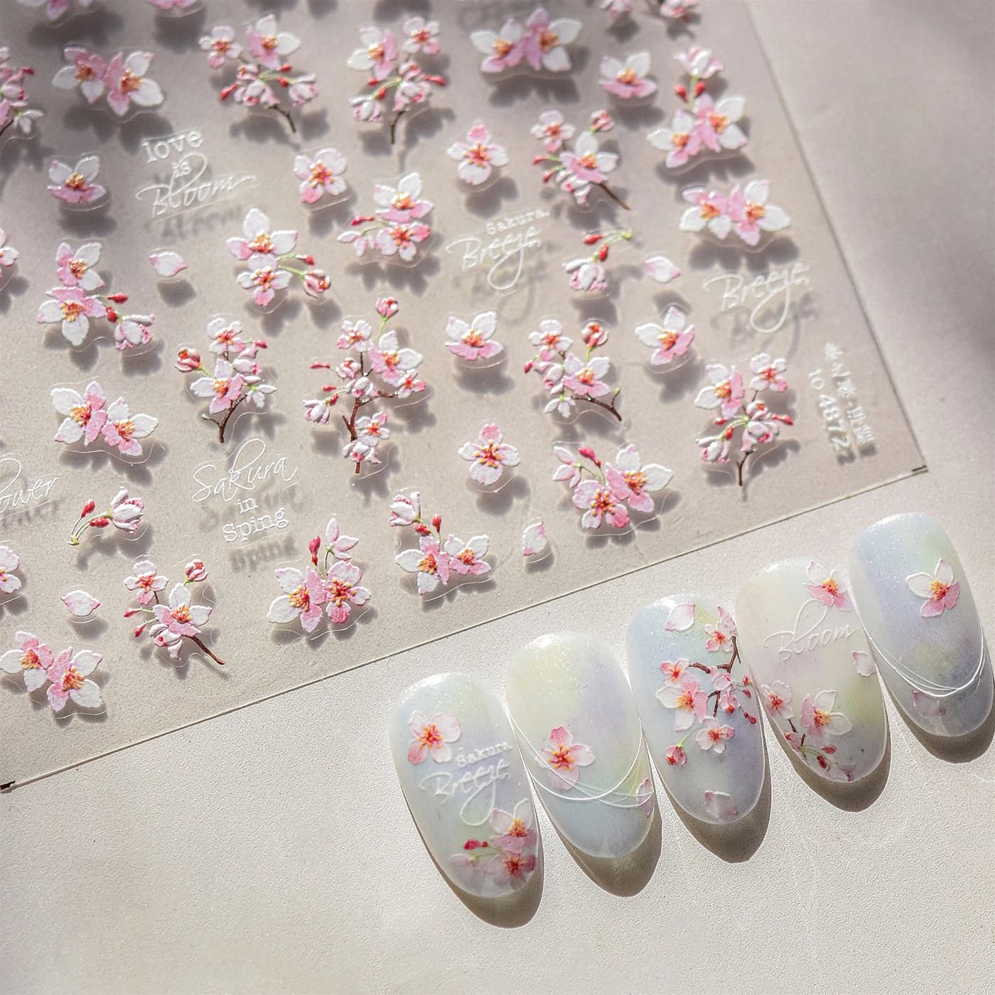 2 Pieces 5D Nail Stickers with Cherry Flowers, Pesco Copper, Soft Relief Effect, Chic Spring Style for Manicure