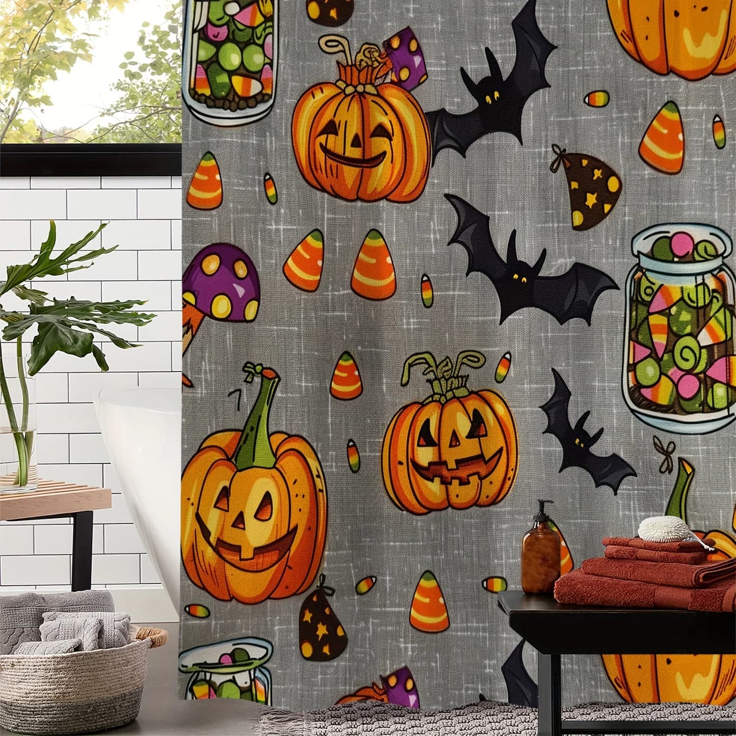 Tenda da doccia di Halloween con stampa di caramelle, pipistrelli e zucche – Tessuto in poliestere impermeabile