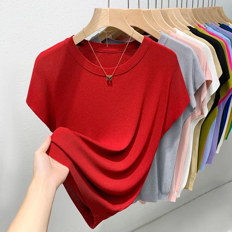 Sweaters Knitted Sweater Women Pullovers White O-Neck Knit Sweater Pullover Women Tops Fashion Short Sleeve Women Clothing Q3326