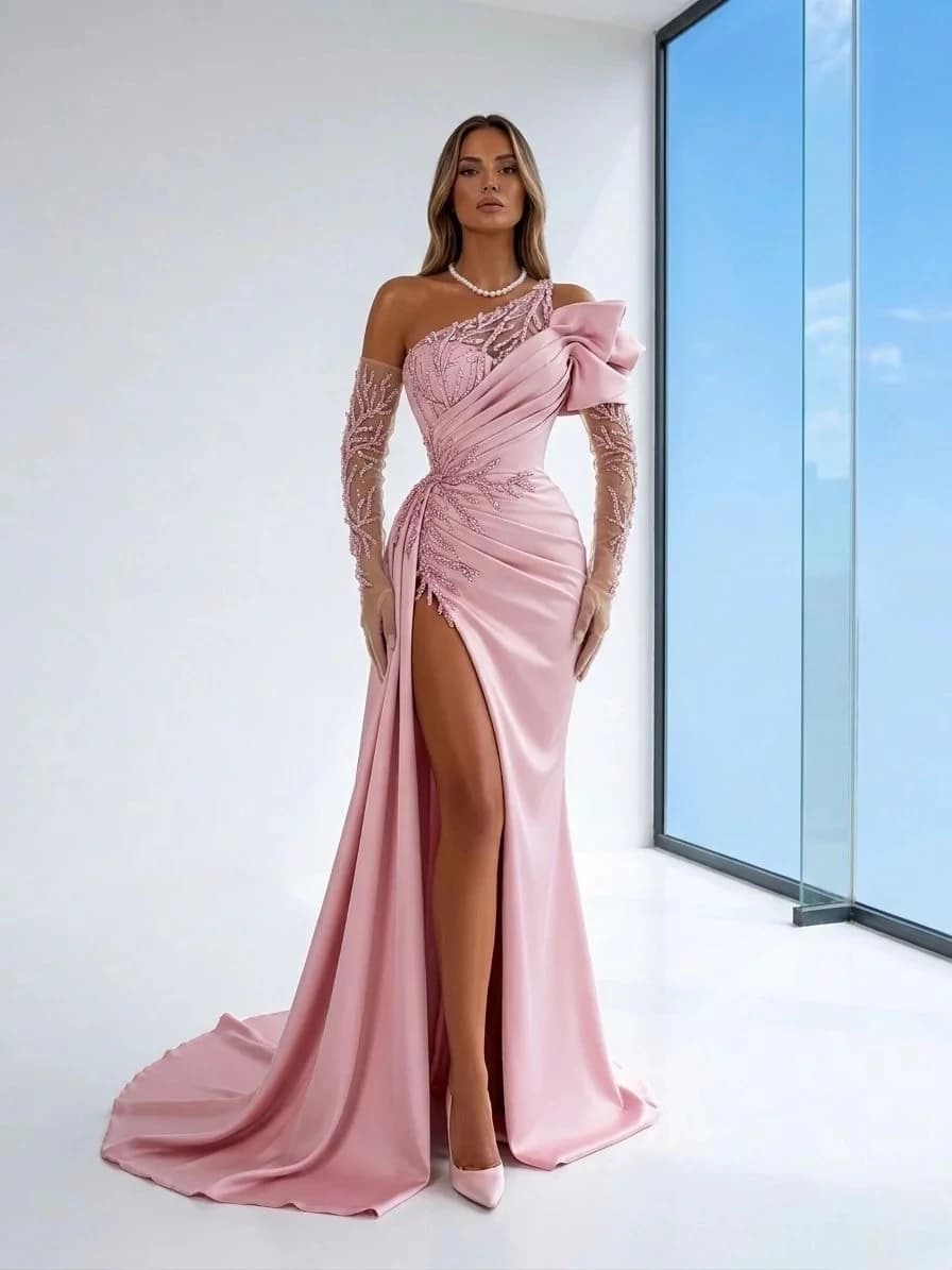 Pink Slit Prom Dresses One-shoulder Beaded Saudi Arabia Dubai Robe De Soiree Middle Eastern Evening Dress Gown Customized