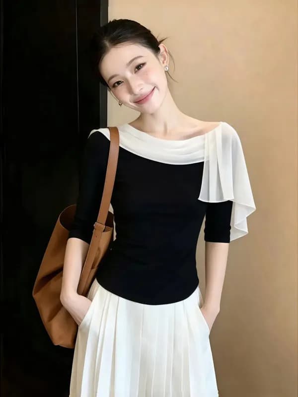 Summer Trendy Short Sleeve T-Shirt Women's Korean Style Belted Color Block Design Sensation Shoulder Bared Top Casual Wear