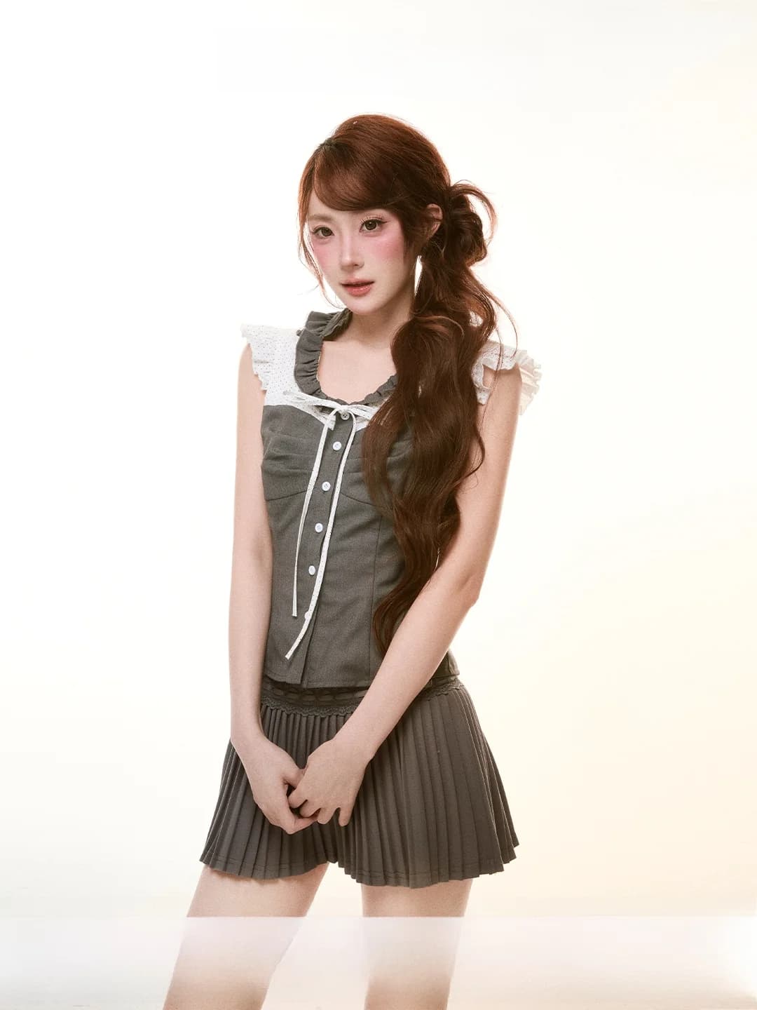 Accolade Initial Design Sense Color Collision Lace Trim Pleated Skirt Set Women's Fashion Spring Summer Outfit round Neck But...