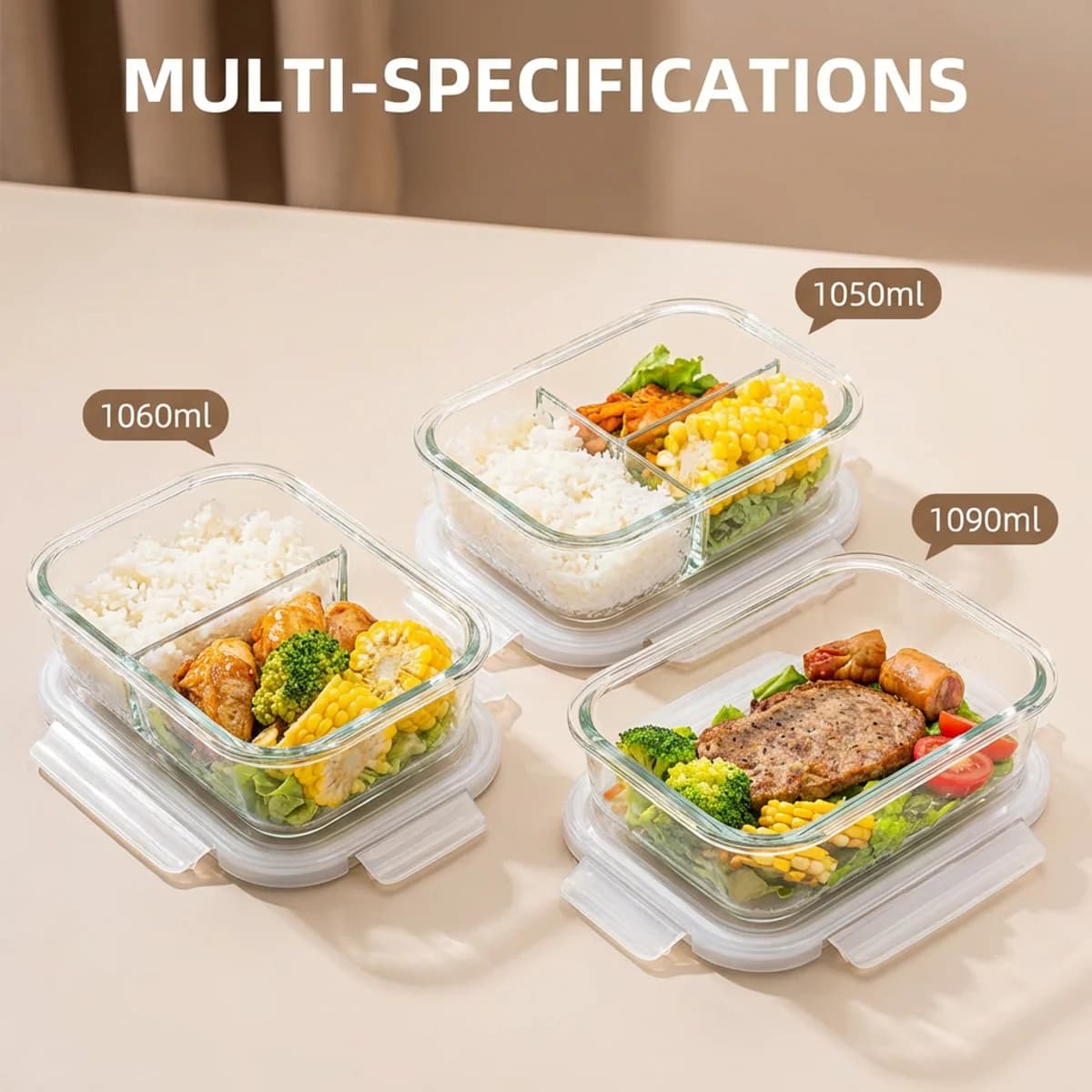Contenitore per Pranzo in Vetro Borosilicato Bianco, Ermetico e Antiperdita, Adatto al Microonde, Bento Box per Preparazione Pasti